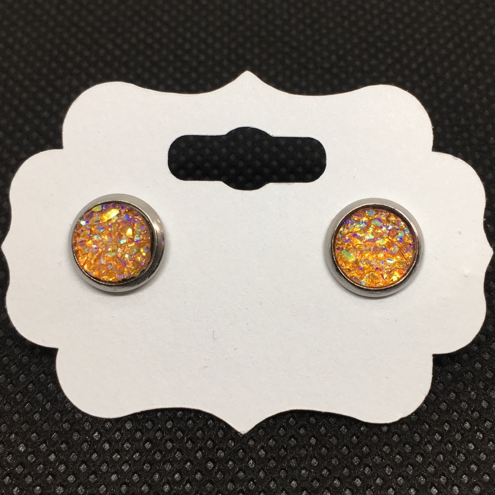 Orange & Silver Crystal Druzy Style Stud Earrings